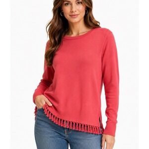 Talbots Pink Fringe Hem Crewneck Sweater Boho Western Comfy L Cotton Cashmere